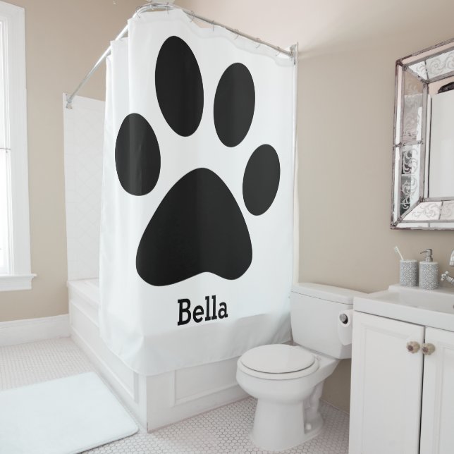 Paw Print Pattern Black White Monogram Name Custom Shower Curtain (In Situ)
