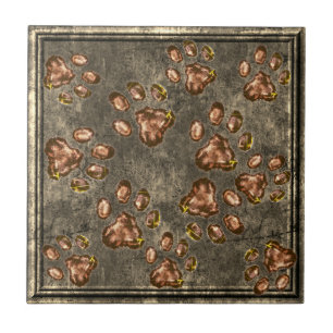 Paw Print Pattern Brass Copper Framed Ceramic Tile