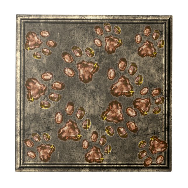 Paw Print Pattern Brass Copper Framed Ceramic Tile (Front)