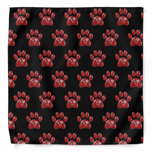 Paw Print Pattern Bright Red with Hearts Animal Bandana (Front)
