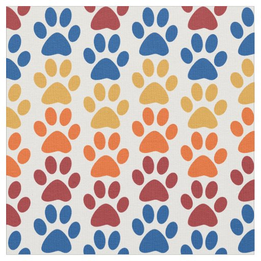 Paw Print Pattern in Red, Blue, Yellow, Orange Fabric