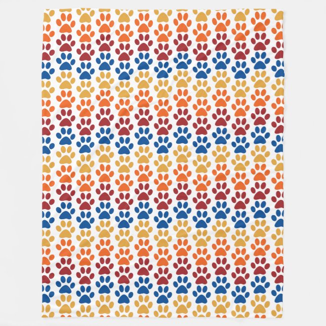 Paw Print Pattern in Red, Blue, Yellow, Orange Fleece Blanket (Front)
