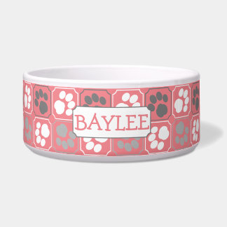 Paw Print Pattern Pink with Name Bowl