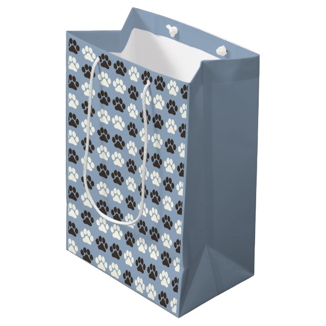 Paw Print Pattern Silver Blue Medium Gift Bag (Front Angled)