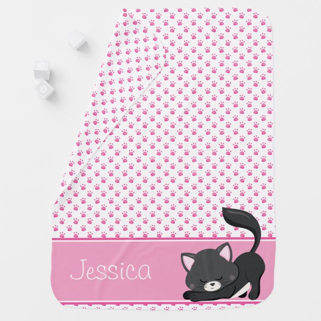 Paw Print Pattern with Black Cat | Personalized Receiving Blanket (In Situ)