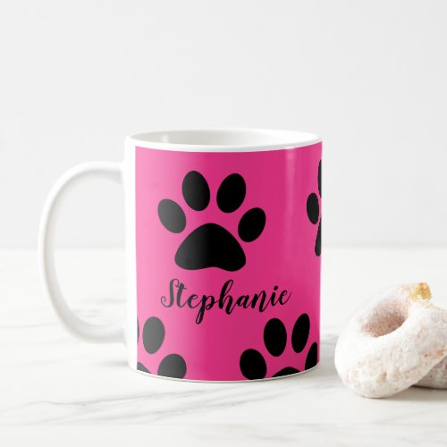 Paw Print Patterns Black Pink Cute Monogram Name Coffee Mug