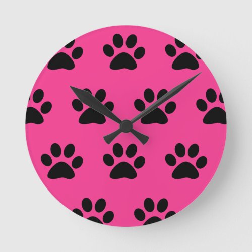 Paw Print Patterns Black Pink Cute Stylish 2021 Round Clock