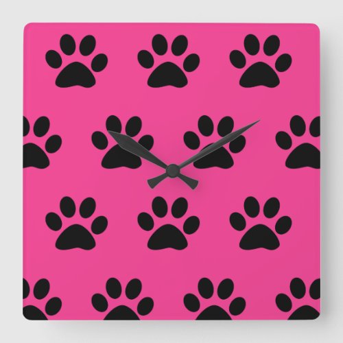 Paw Print Patterns Black Pink Cute Stylish 2021 Square Wall Clock