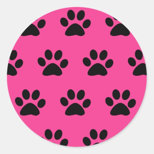 Paw Print Patterns Black Pink Cute Stylish Girly Classic Round Sticker