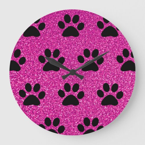 Paw Print Patterns Black Pink Glitter Cute Girly Large Clock