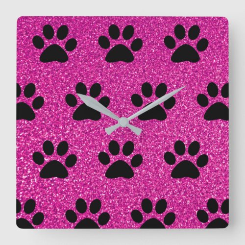 Paw Print Patterns Black Pink Glitter Cute Girly Square Wall Clock