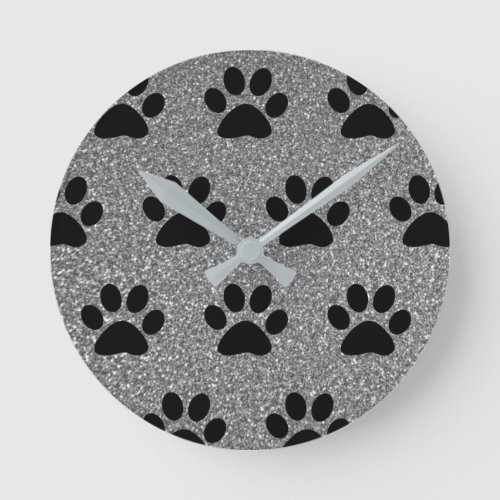 Paw Print Patterns Black Silvery Grey Glitter Cute Round Clock