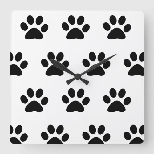 Paw Print Patterns Black White Cute Stylish Cool Square Wall Clock