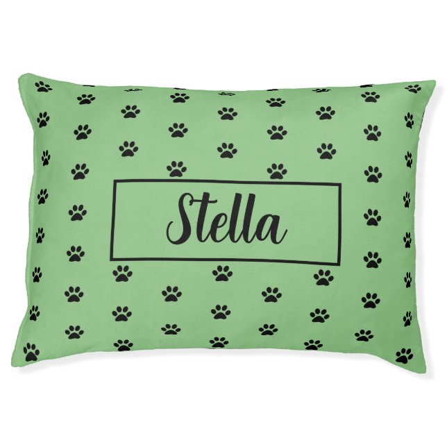 Paw Print Patterns Custom Name Monogram Sage Green Pet Bed (Front)