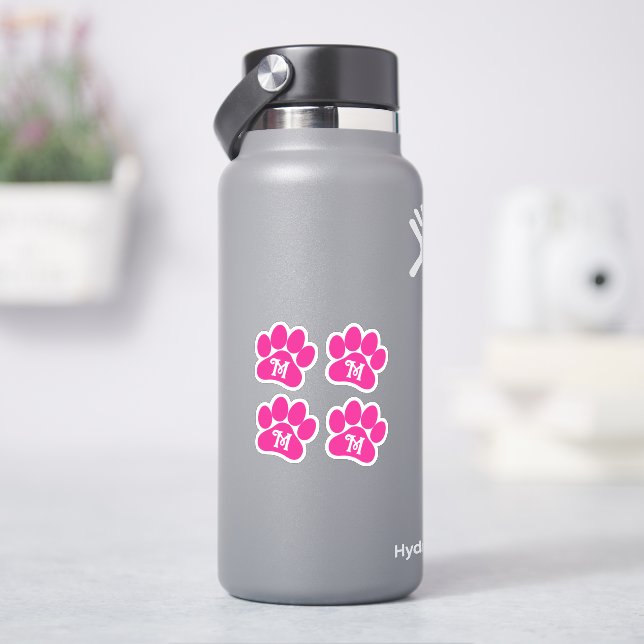 Paw Print Personalized Curly Letter Hot Pink Vinyl Sticker (HydroFlask)