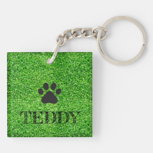 Paw Print PET NAME Grass Dog Cat Sitter Fun Keychain (Back)
