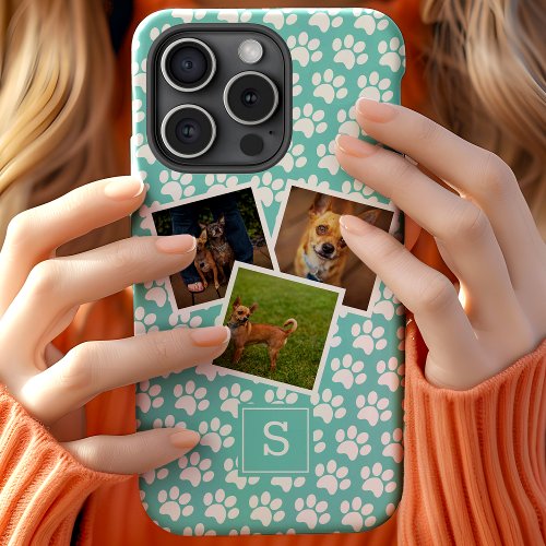 Paw Print Pet Photo Collage Teal Monogram Iphone 12 Case