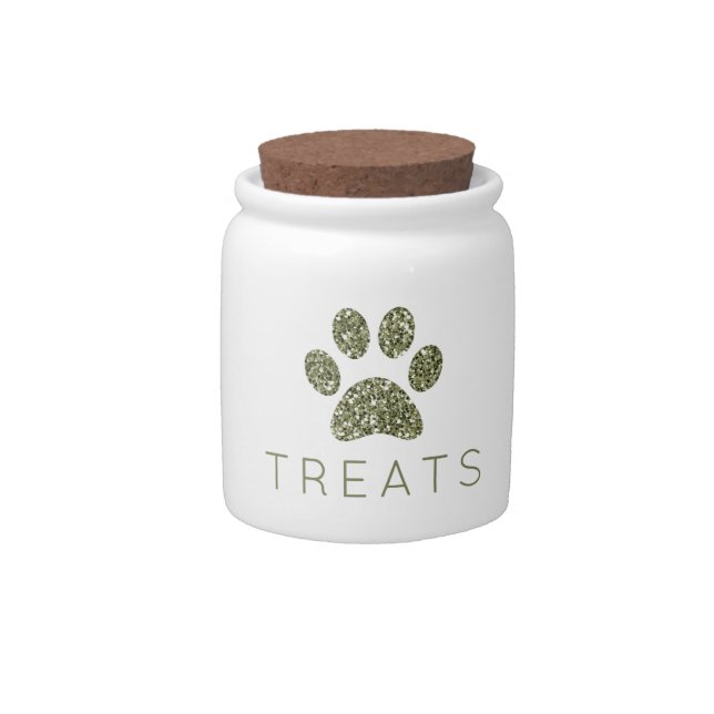 Paw Print Pet Treat Jar Olive Army Green Glitter (Front)