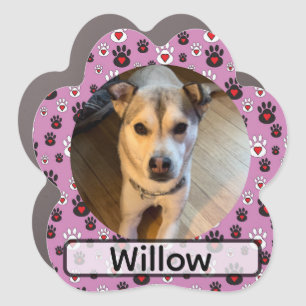 Paw print pink red heart name car magnet