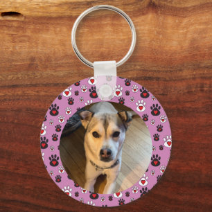 Paw print pink red heart photo keychain