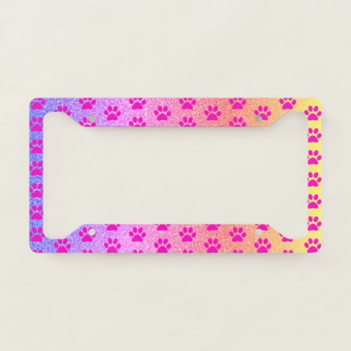 Paw Print Pink Rose Gold Glitter Girly Trendy Cute License Plate Frame