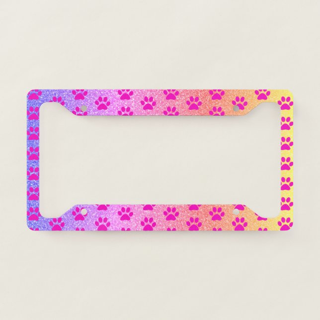 Paw Print Pink Rose Gold Glitter Girly Trendy Cute License Plate Frame (Front)