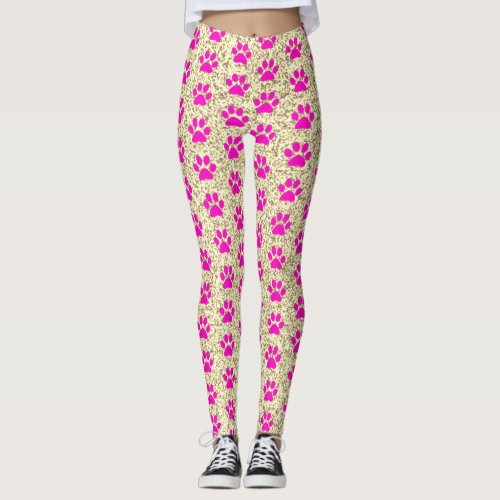 Paw Print Pink Rose Patterns Gold Glitter Girly Leggings