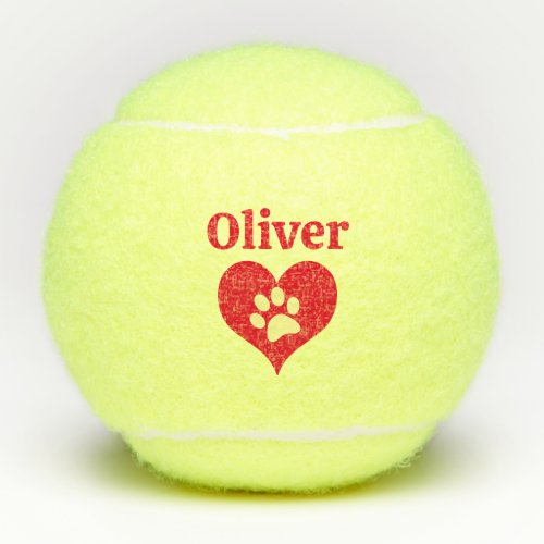 Paw Print Red Heart Dogs Name Personalized Tennis Balls