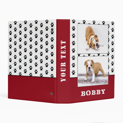 Paw Print Red Pet Dog Photo Album Mini Binder - Paw Print Red Pet Dog Mini Photo Album. The binder has 2 photos and the dog`s name with a black animal paw print pattern. Add your dog`s or any other pet`s photo and name. Change or erase the text on the spine. A great keepsake gift, photo album, a scrapbook album, in memory of for your dog or pet.