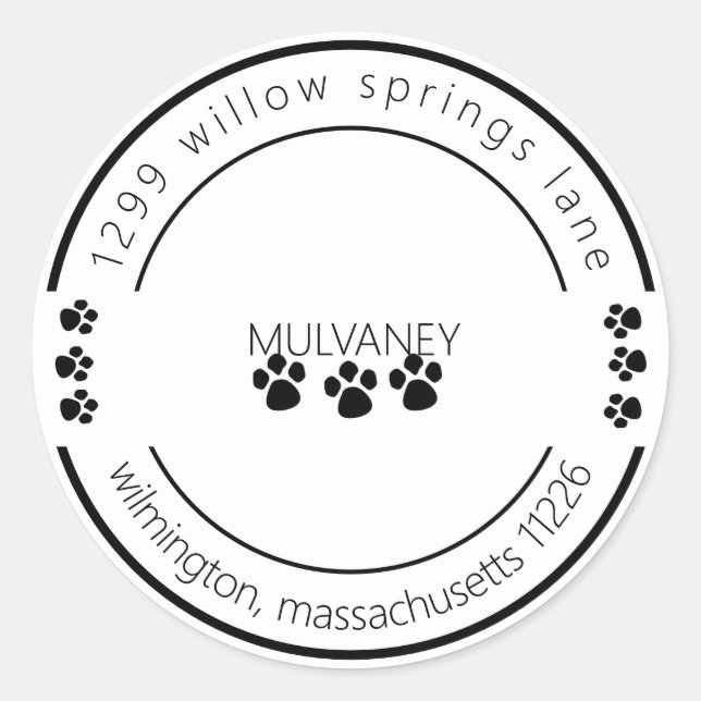 Paw Print Return Address White Classic Round Sticker (Front)