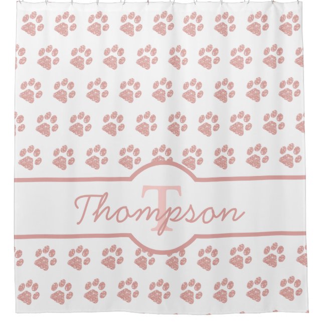 Paw Print Rose Gold Glitter Monogram Cat Dog Paw Shower Curtain (Front)