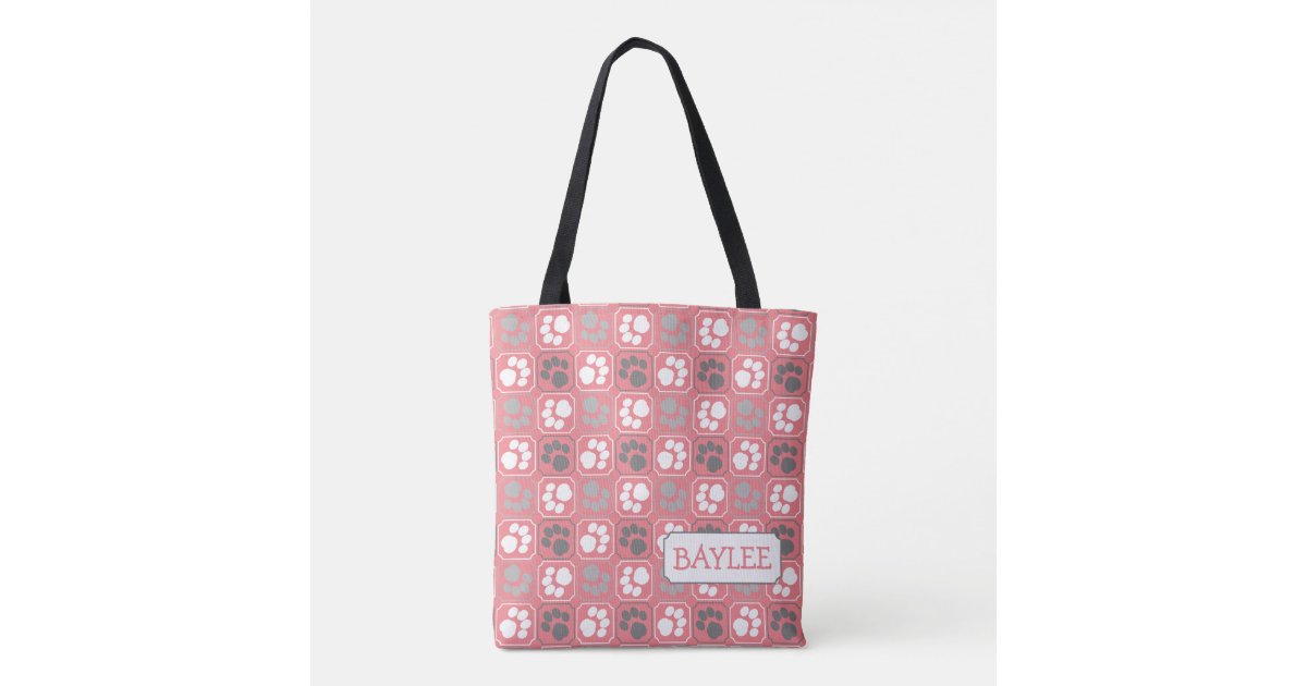 Paw Print Tile Pattern Pink with Name Tote Bag | Zazzle