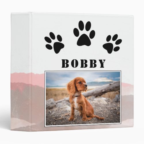 Paw Print Watercolor Stripes Dog Pet Photo Album 3 Ring Binder - Paw Print Watercolor Stripes Dog Pet Photo Album. The design has black paw prints, a photo and a name on a trendy watercolor background in beige and pink colors - personalize the photo and the name with yours.
