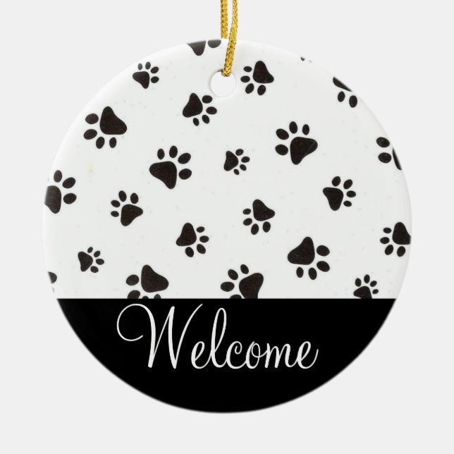 Paw Print Welcome Door Sign Ceramic Ornament (Front)