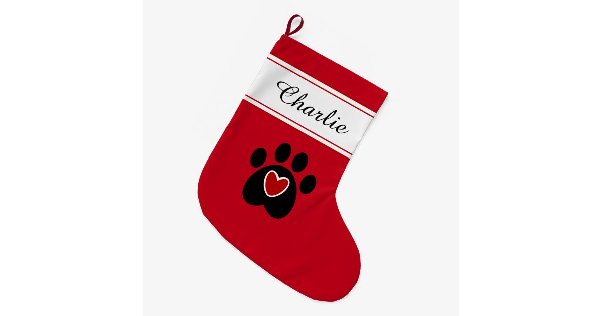 Paw Print With A Red Heart Large Christmas Stocking Zazzle Com
