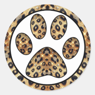 Paw Print with Gold & Black Leopard Sparkle Classic Round Sticker