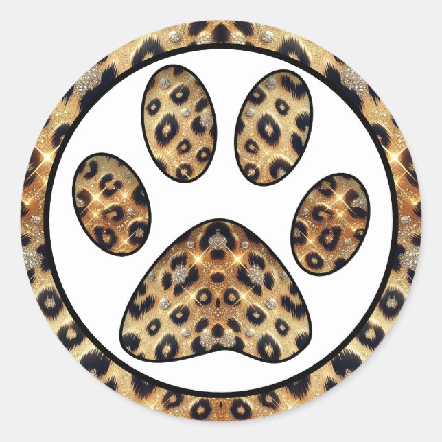 Paw Print with Gold & Black Leopard Sparkle  Classic Round Sticker (Front)