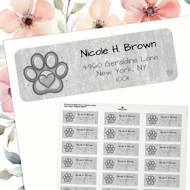 Paw Print with Heart Return Address Labels in Gray (🐾 Elegant labels for pet lovers’ mail! 💌)