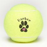 Paw Print With Pink Heart Cute Custom Dog Name Tennis Balls at Zazzle