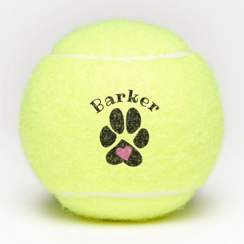 Paw print with pink heart Cute Custom dog name Tennis Balls