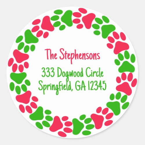 Paw Print Wreath Bright Red and Green Address Classic Round Sticker