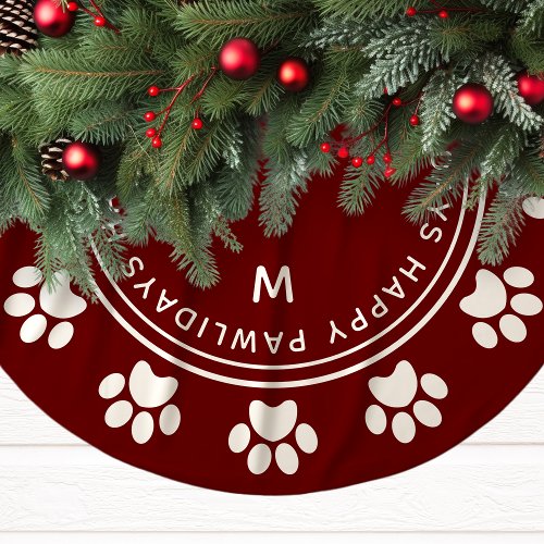 Paw Print Wreath Monogram Pet Burgundy Christmas Brushed Polyester Tree Skirt