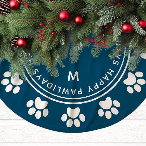 Paw Print Wreath Monogram Pet Navy Christmas Brushed Polyester Tree Skirt