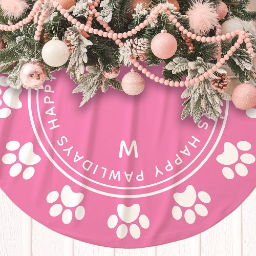 Paw Print Wreath Monogram Pet Pink Christmas Brushed Polyester Tree Skirt