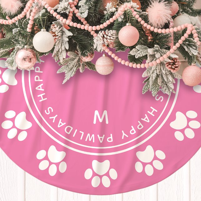 Paw Print Wreath Monogram Pet Pink Christmas Brushed Polyester Tree Skirt (Creator Uploaded)