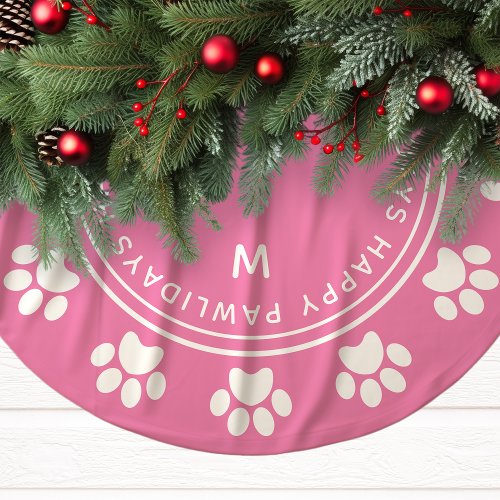 Paw Print Wreath Monogram Pet Pink Christmas Brushed Polyester Tree Skirt