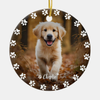 Paw Prints and Custom Cute Pet Photo And Name Ceramic Ornament
