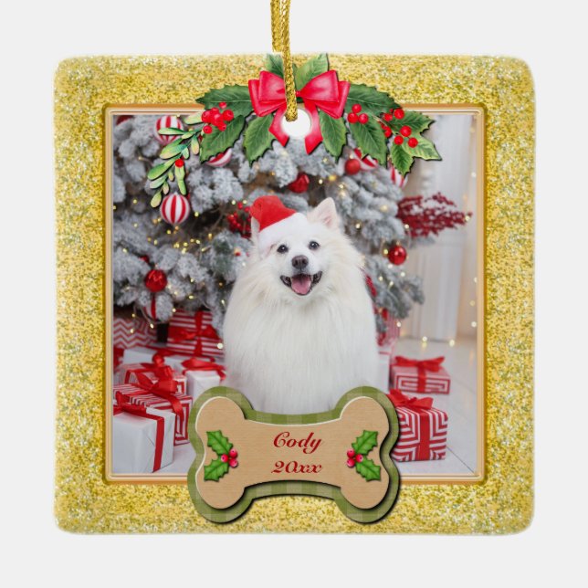 Paw Prints and Gold Frame Custom Pet Photo Ceramic Ornament (Front)