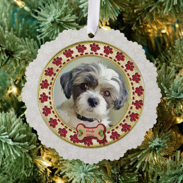 Paw Prints and Gold Frame Custom Pet Photo Ornament Card (Insitu (Tree))