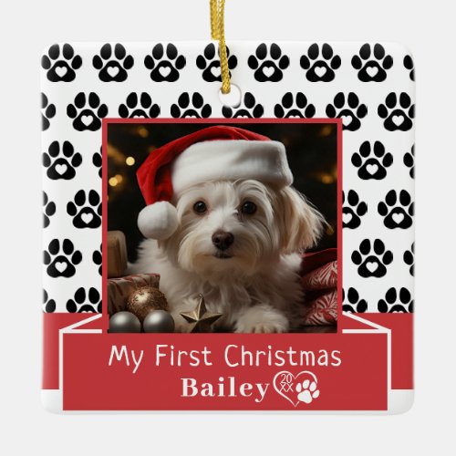 Paw Prints and Hearts First Christmas Dog Photo Ceramic Ornament